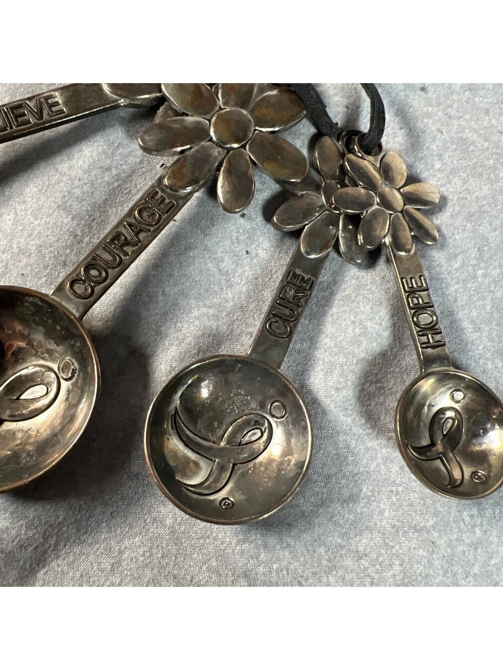 Metal Measuring Spoons With Flower Handle & Cancer Awareness Message